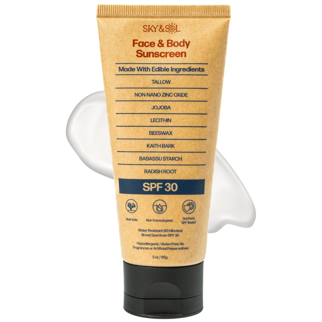 Sky and Sol Mineral Sunscreen for Face & Body, 3 oz | Non-Nano Zinc Oxide & Grass-Fed Tallow, No White Cast, Water Resistant 80 Minutes, Fragrance-Free, Reef-Conscious, Non-Greasy Formula