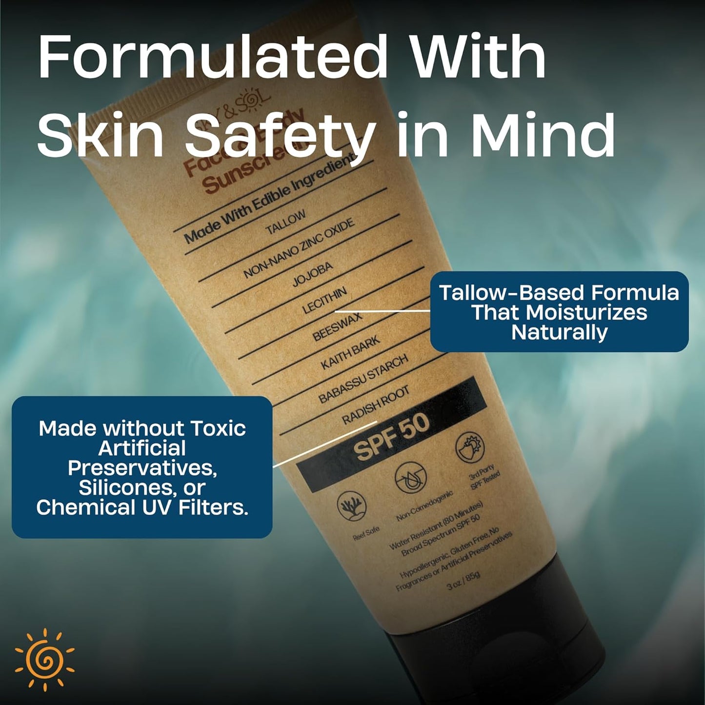 Sky and Sol Mineral Sunscreen for Face & Body, 3 oz | Non-Nano Zinc Oxide & Grass-Fed Tallow, No White Cast, Water Resistant 80 Minutes, Fragrance-Free, Reef-Conscious, Non-Greasy Formula
