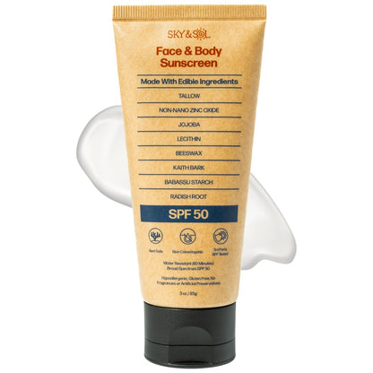 Sky and Sol Mineral Sunscreen for Face & Body, 3 oz | Non-Nano Zinc Oxide & Grass-Fed Tallow, No White Cast, Water Resistant 80 Minutes, Fragrance-Free, Reef-Conscious, Non-Greasy Formula